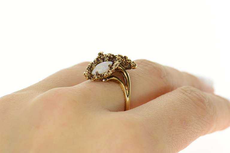 10K Yellow Gold Retro Natural Opal Ornate Statement Bypass Ring