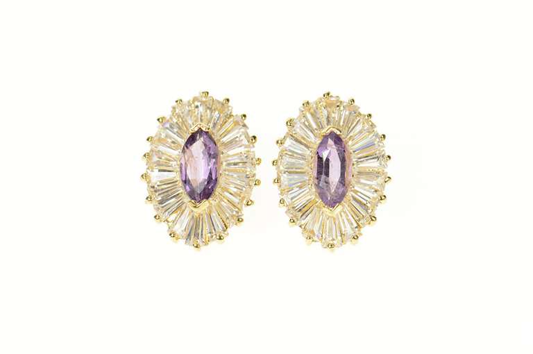 14K Yellow Gold Marquise Amethyst CZ Baguette Halo Stud Earrings