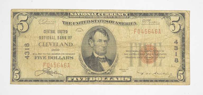 1929 $5 Cleveland, Ohio United States National Currency