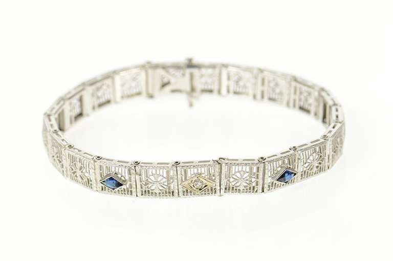 14K White Gold Art Deco Filigree Diamond Syn Sapphire Bracelet