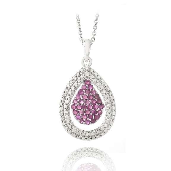 Silver Tone Diamond Accent Ruby Double Teardrop Necklace