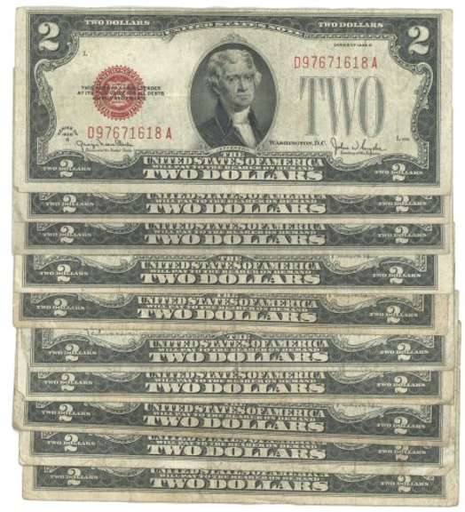 10 Series of 1928 $2 Red Seal Notes in circ