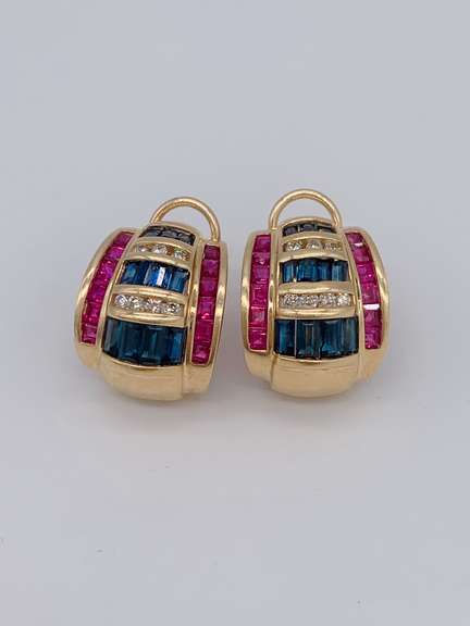 14kt Gold, Ruby, Diamond, & Blue Sapphire Earrings