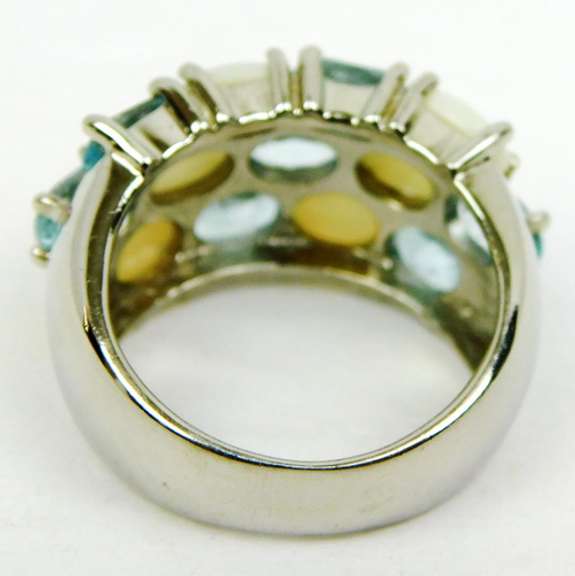 Beautiful Wide Sterling Ring of Opals & Blue Topaz, 7.5