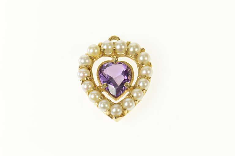 14K Yellow Gold Heart Amethyst Pearl Halo Retro Classic Pendant