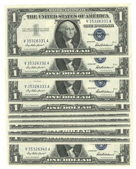 10 Consecutive Superb Gem CU 1957 $1 Silver Certs