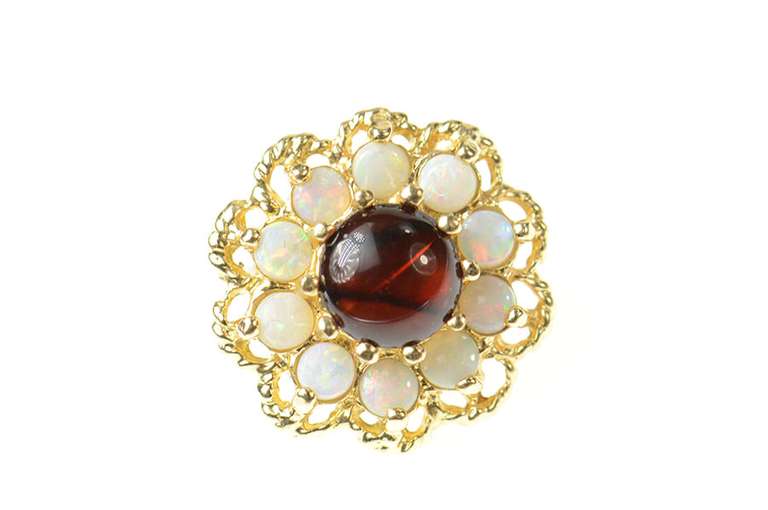 14K Yellow Gold Opal Garnet Halo Scallop Slide Bracelet Charm/Pendant