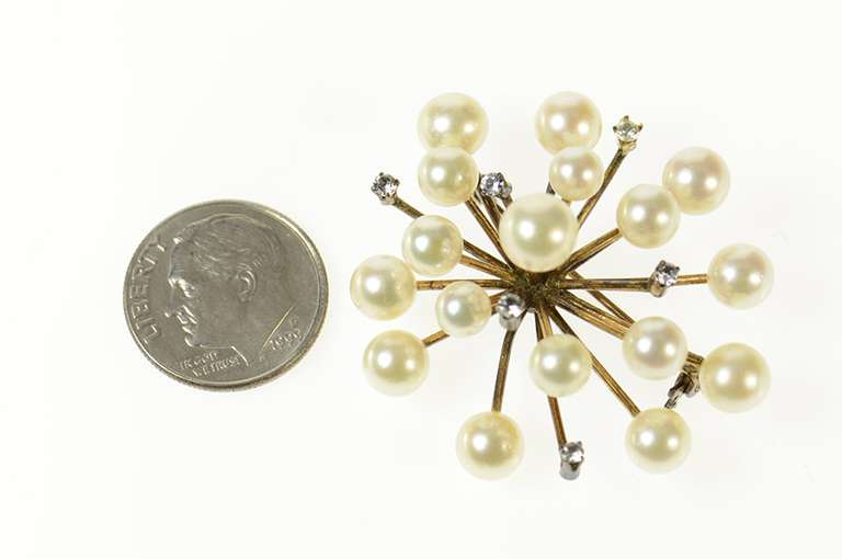10K Yellow Gold Retro 1960's Pearl Diamond Spray Burst Pin/Brooch