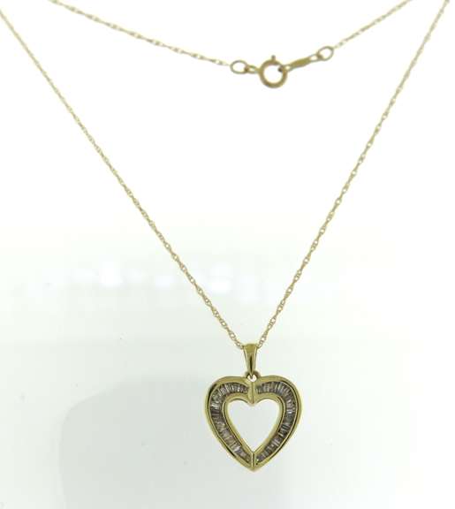 Handsome Yellow Gold Baguette Diamond Heart Pendant on Chain
