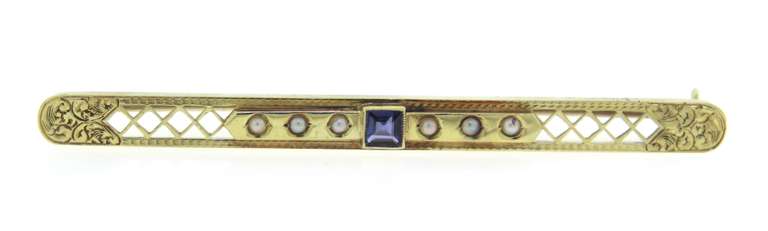 Cute Yellow Gold Blue Sapphire and Seed Pearl Pin