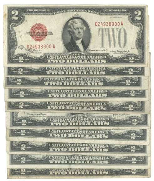 10 Series of 1928 $2 Red Seal Notes in circ