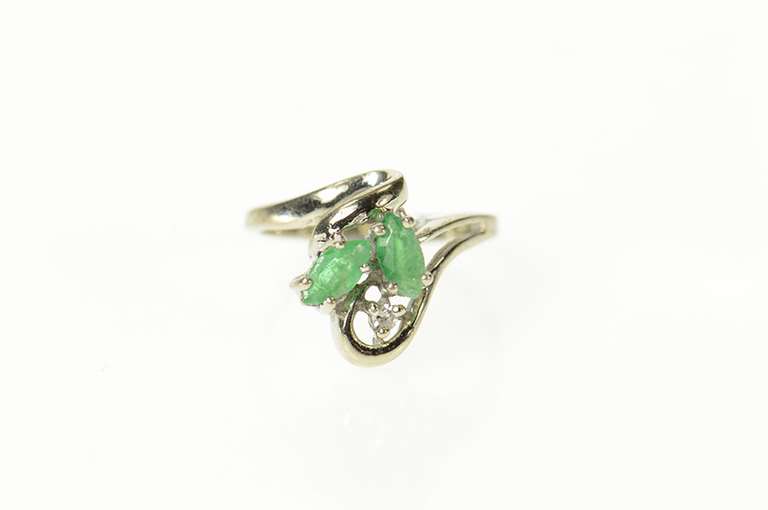 10K White Gold Marquise Emerald Diamond Accent Bypass Ring