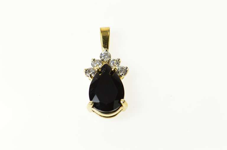 10K Yellow Gold Pear Faceted Black Onyx CZ Statement Pendant