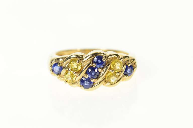 10K Yellow Gold Wavy Syn. Yellow & Blue Sapphire Statement Ring