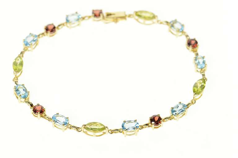 10K Yellow Gold Blue Topaz Garnet Peridot Statement Chain Bracelet