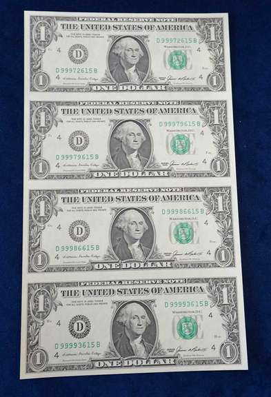 Uncut Sheet of 4 1985 D One Dollar Bill with Special holder