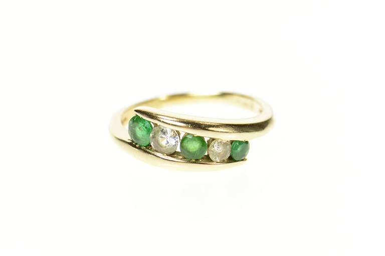 14K Yellow Gold Graduated Emerald CZ Bypass Statement Ring