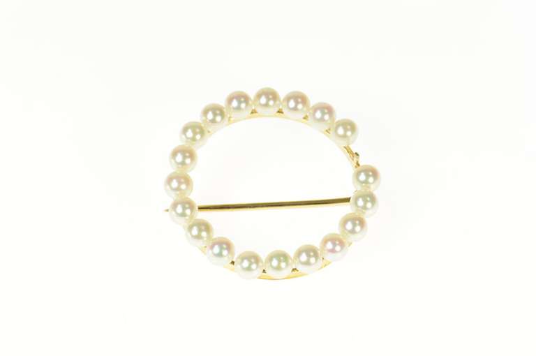 14K Yellow Gold Retro Pearl Circle Classic Statement Pin/Brooch