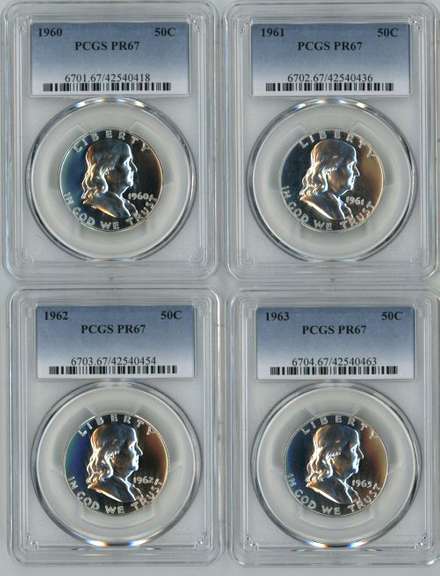 4 Diff Awesome PCGS PR67 Franklin Half Dollars 1960-1963