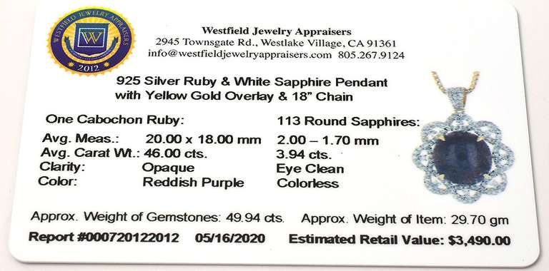 Gorgeous Colossal 46.00CTS Cabochon Cut Natural Star Ruby & White Sapphire Necklace in Vermeil
