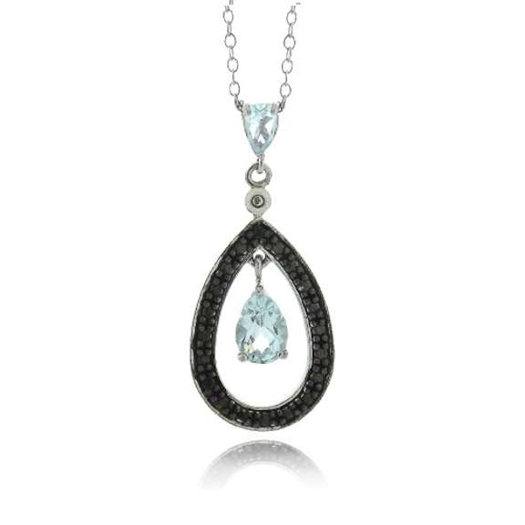 Sterling Silver Blue Topaz & Black Diamond Accent Dangling Teardrop Necklace
