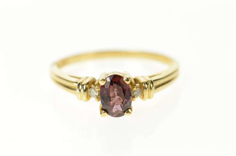 10K Yellow Gold Three Stone Almandine Garnet Diamond Ring