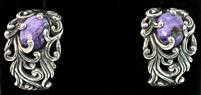 Elegant Purple Agate Filigree Half-Hoops in Sterling Silver