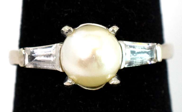 Vintage Pearl & CZ Ring in White Gold