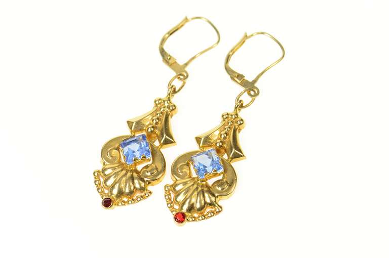 14K Yellow Gold 1930's Art Deco Ornate Sim. Topaz Dangle Earrings