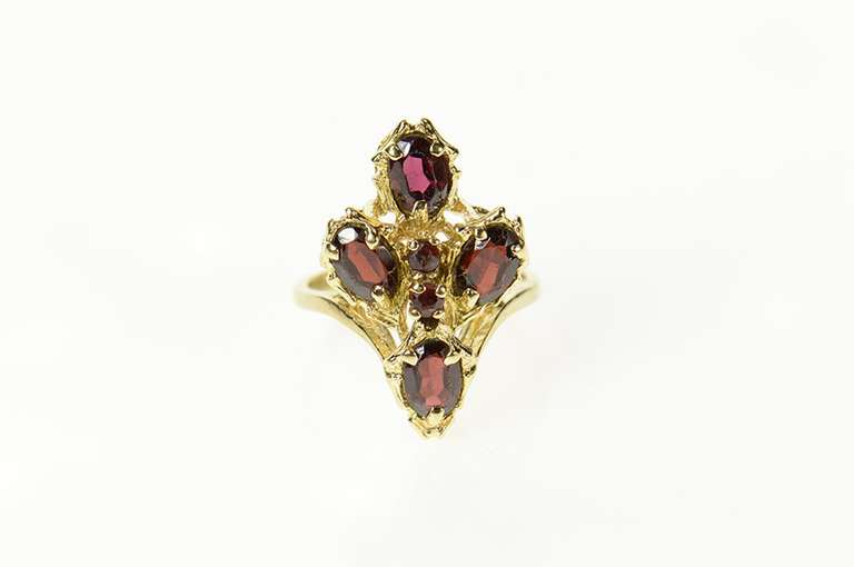 14K Yellow Gold Ornate Garnet Elaborate Cluster Chevron Ring