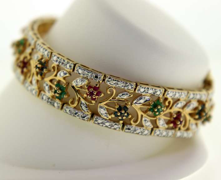 WM Gold Over Sterling Silver Gemstone Floral Bracelet