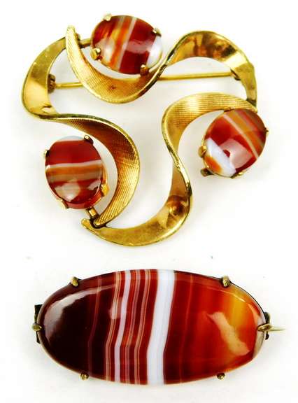 2 Vintage Gold-Filled Banded Agate Pins