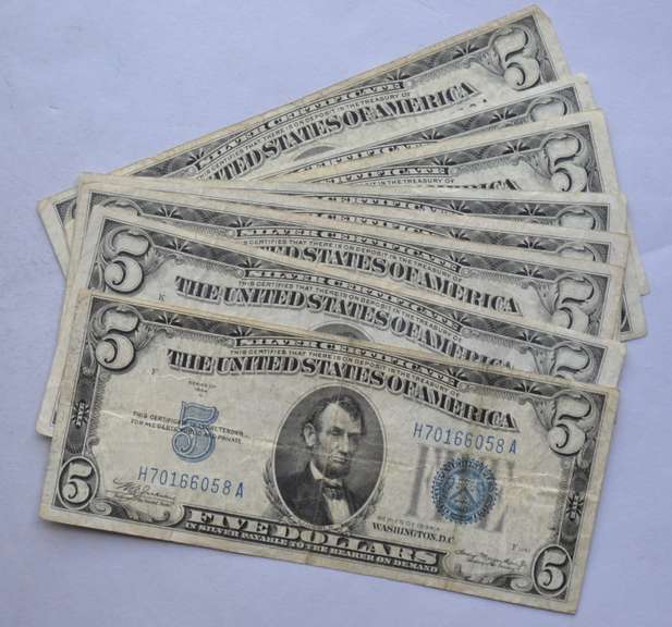 2 Each 1934 A C D  & 1953  Series $5 Silver Certificates. .