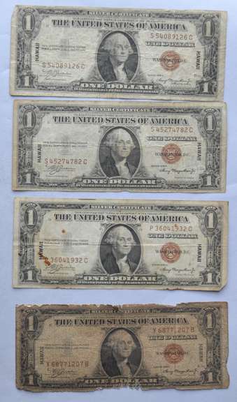 4 $ 1 Hawaii Emergency Overstamp Silver Certificates