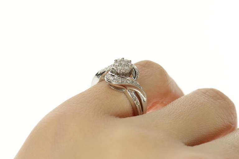 10K White Gold Diamond Flower Cluster Bypass Engagement Ring