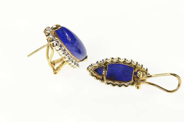 14K Yellow Gold Lapis Lazuli Diamond Halo French Clip Earrings