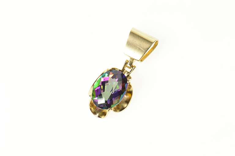 14K Yellow Gold Oval Faceted Mystic Topaz Ornate Statement Pendant