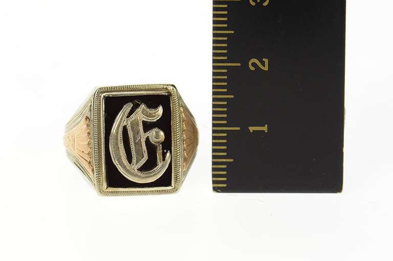 10K White Gold Art Deco D Monogram Two Tone Black Onyx Ring