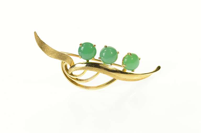 14K Yellow Gold Retro Ornate Green Chalcedony Floral Leaf Pin/Brooch
