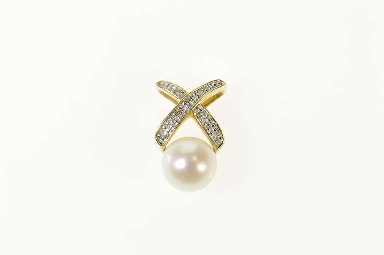 14K Yellow Gold Pearl Diamond X Criss Cross Statement Pendant