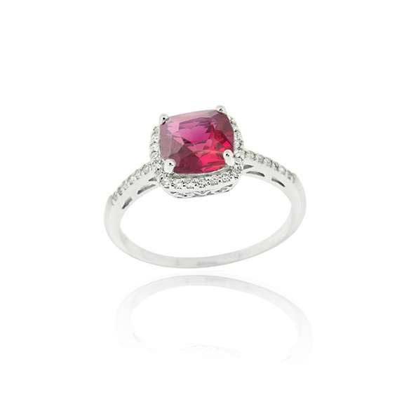 Sterling Silver 2ct Created Ruby & CZ Cushion-Cut Ring