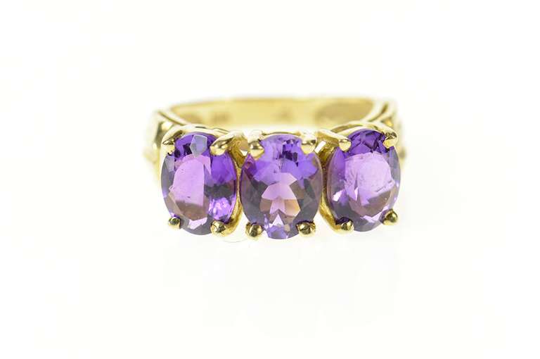 10K Yellow Gold Three Stone Amethyst Ornate Statement Ring