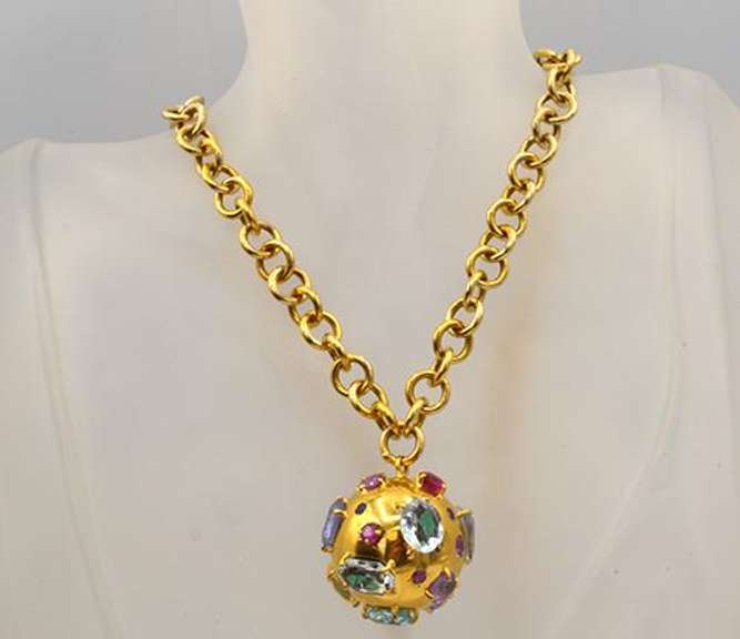 Extremely Rare 14k Gold over 30cts Gemstone Ball Pendant and Chain