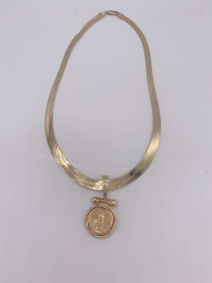 14kt Solid Gold Herringbone Necklace with Coin Pendant