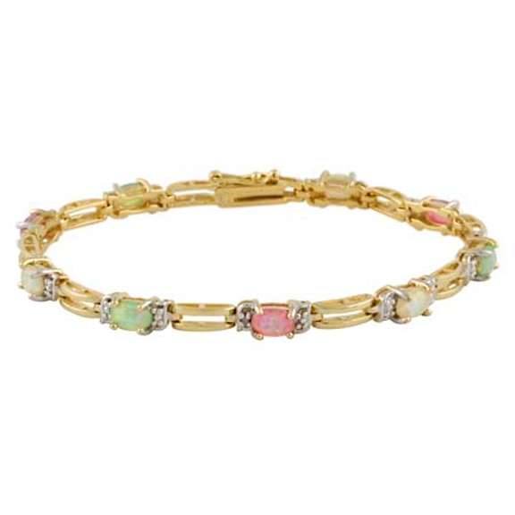 18K Gold over Sterling Silver Created Multi Opal & Diamond Accent  Rectangle Link Bracelet