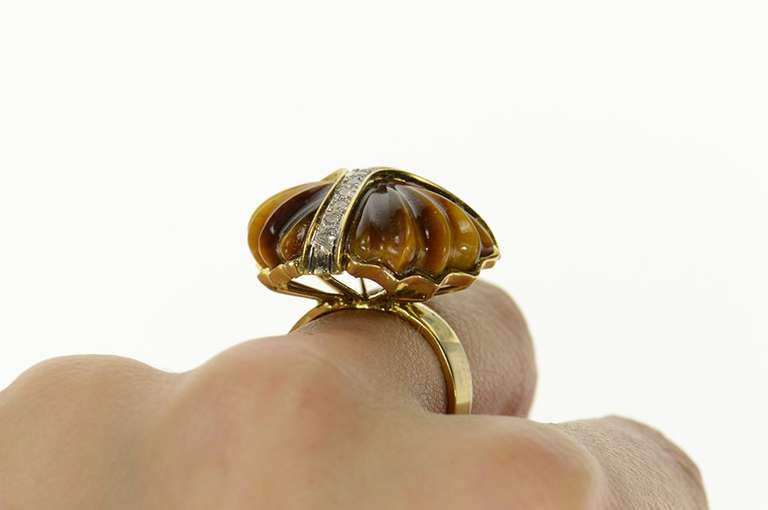 14K Yellow Gold 1960's Ornate Carved Tiger's Eye Diamond Ring