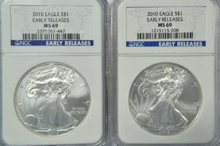 Two 2010 EARLY RELEASES $1 Silver Eagles. NGC MS69