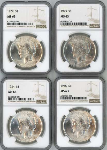 4 Diff. Choice BU Peace Silver Dollars 1922-1925 NGC MS63