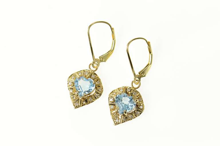 14K Yellow Gold Retro Heart Blue Topaz Wavy Halo Dangle Earrings