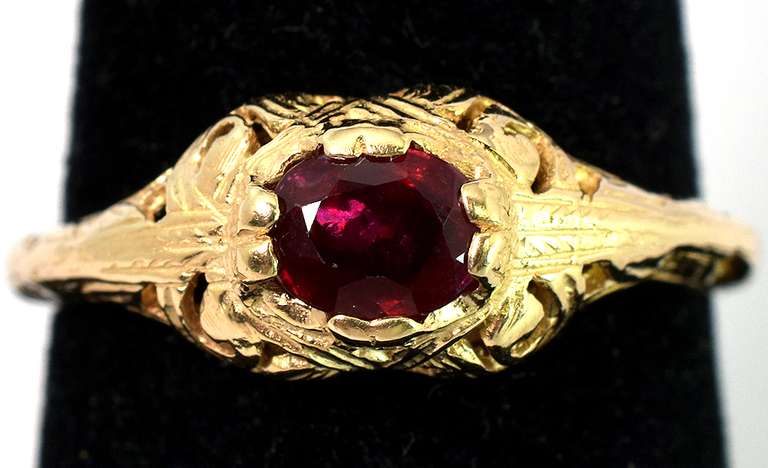 Antique-Style Filigree Ruby Ring in 14KT Yellow Gold